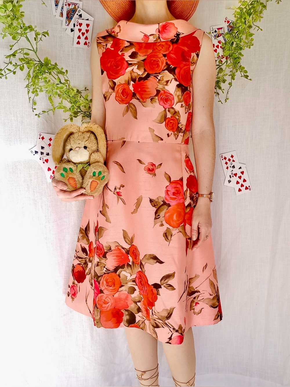 Vintage ❉ Rolled Wing Collar A-line Sleeveless Dress Peach Rose Print 10 Petite
